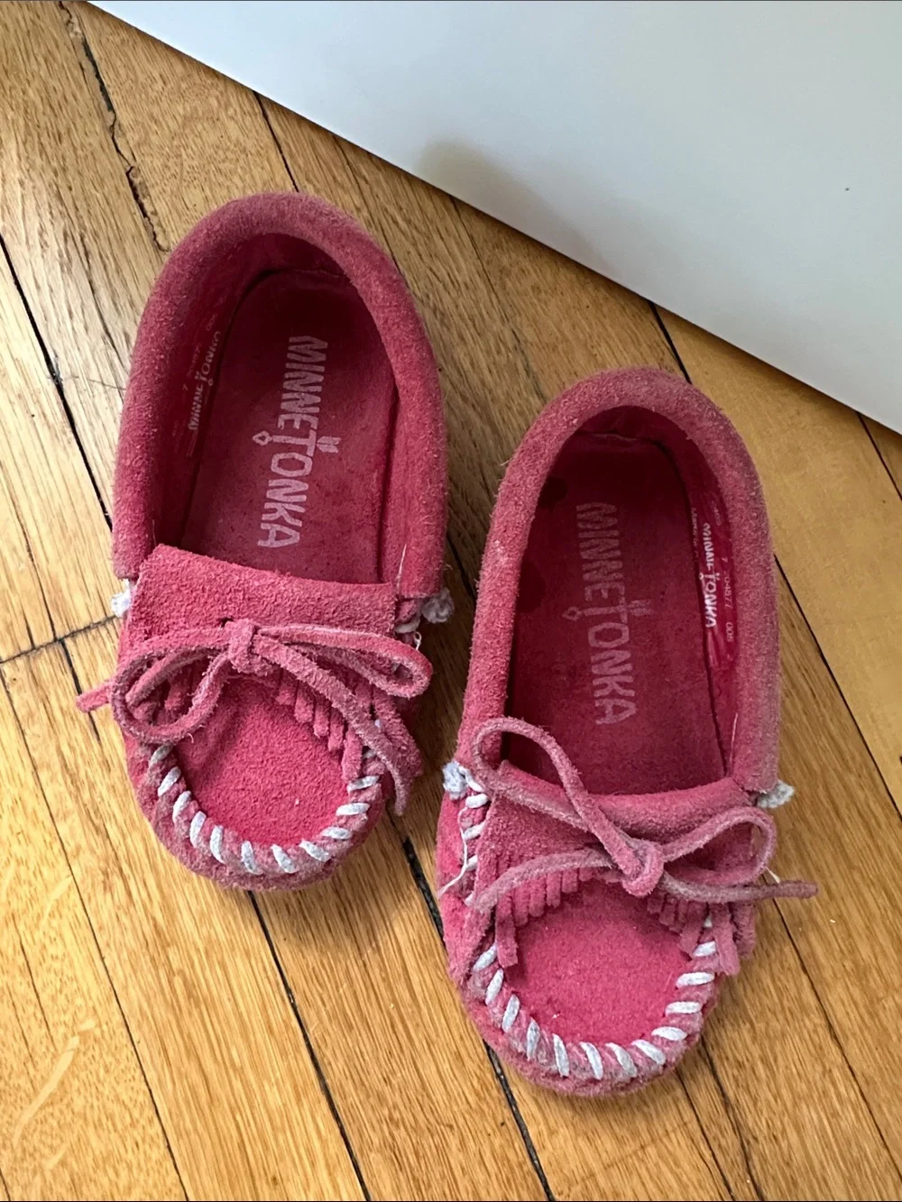 Minnetonka Pink Suede Kids Moccasin with Bow